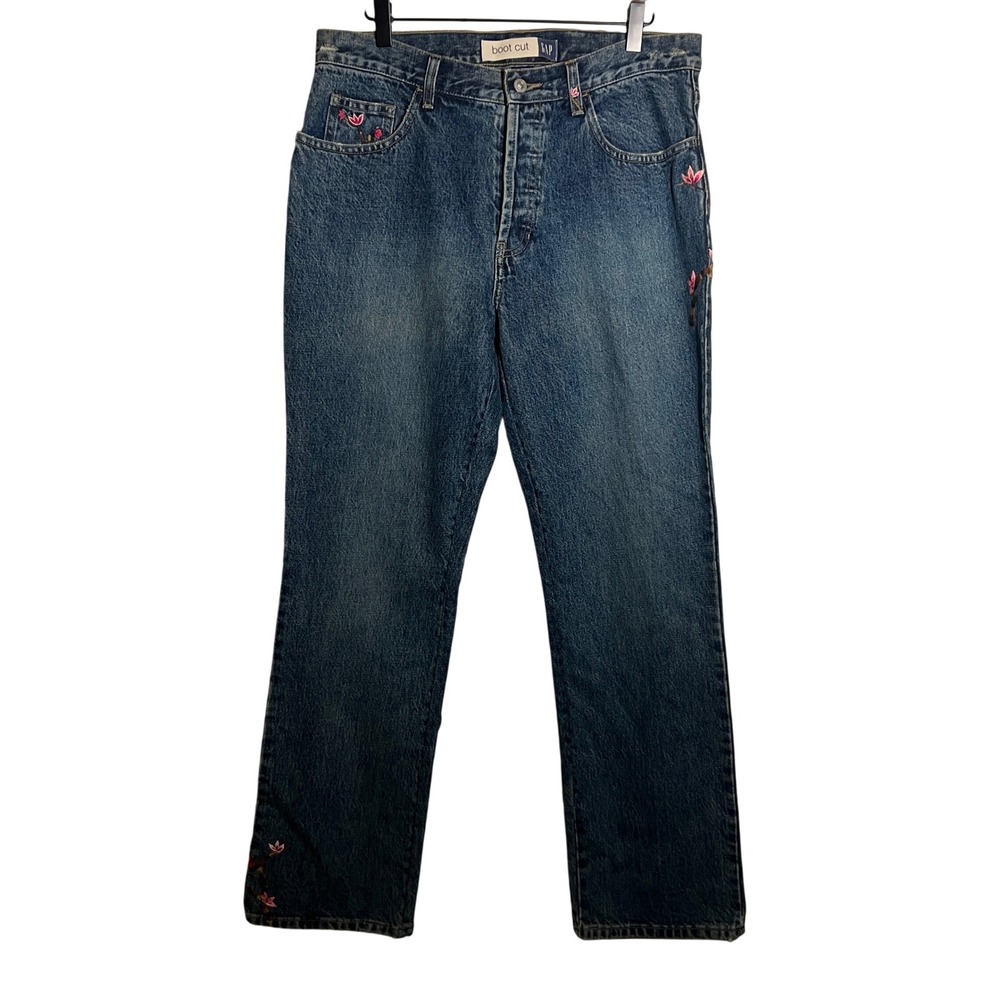 Gap Vintage 1999 Bootcut Jeans in Medium Wash, Floral Embroidered, 90s Y2K, NWT